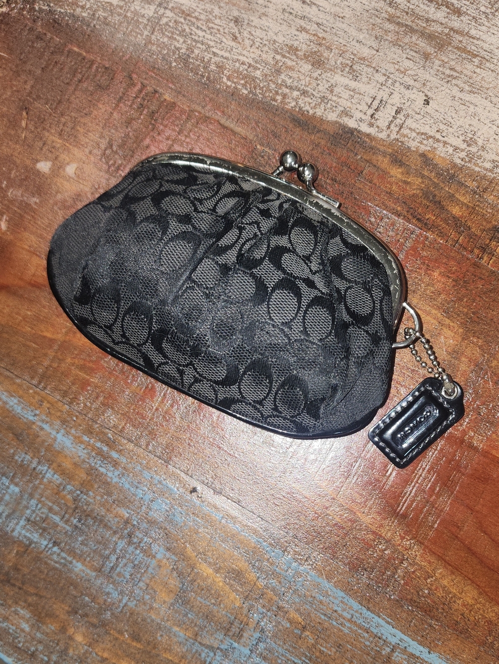Coach Black Signature Canvas Kisslock Coin Pouch Worn